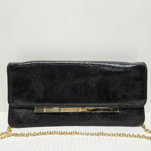 Antonio Melani Black Genuine Leather Evening Formal Clutch With Gold Chain - Picture 1 of 8